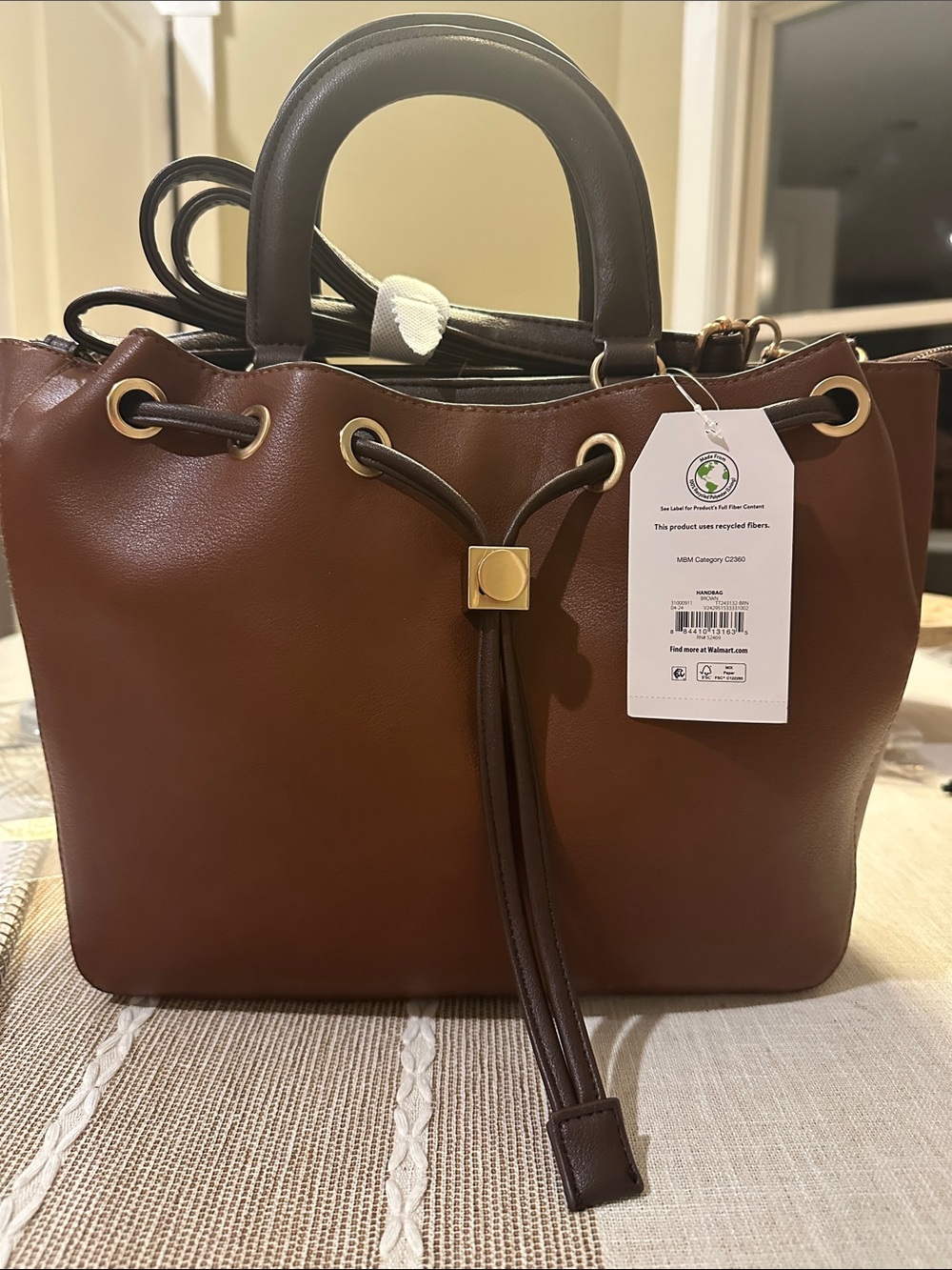 NWT Time and Tru Brynlee Faux Leather Drawstring Totebag - Chestnut Brown